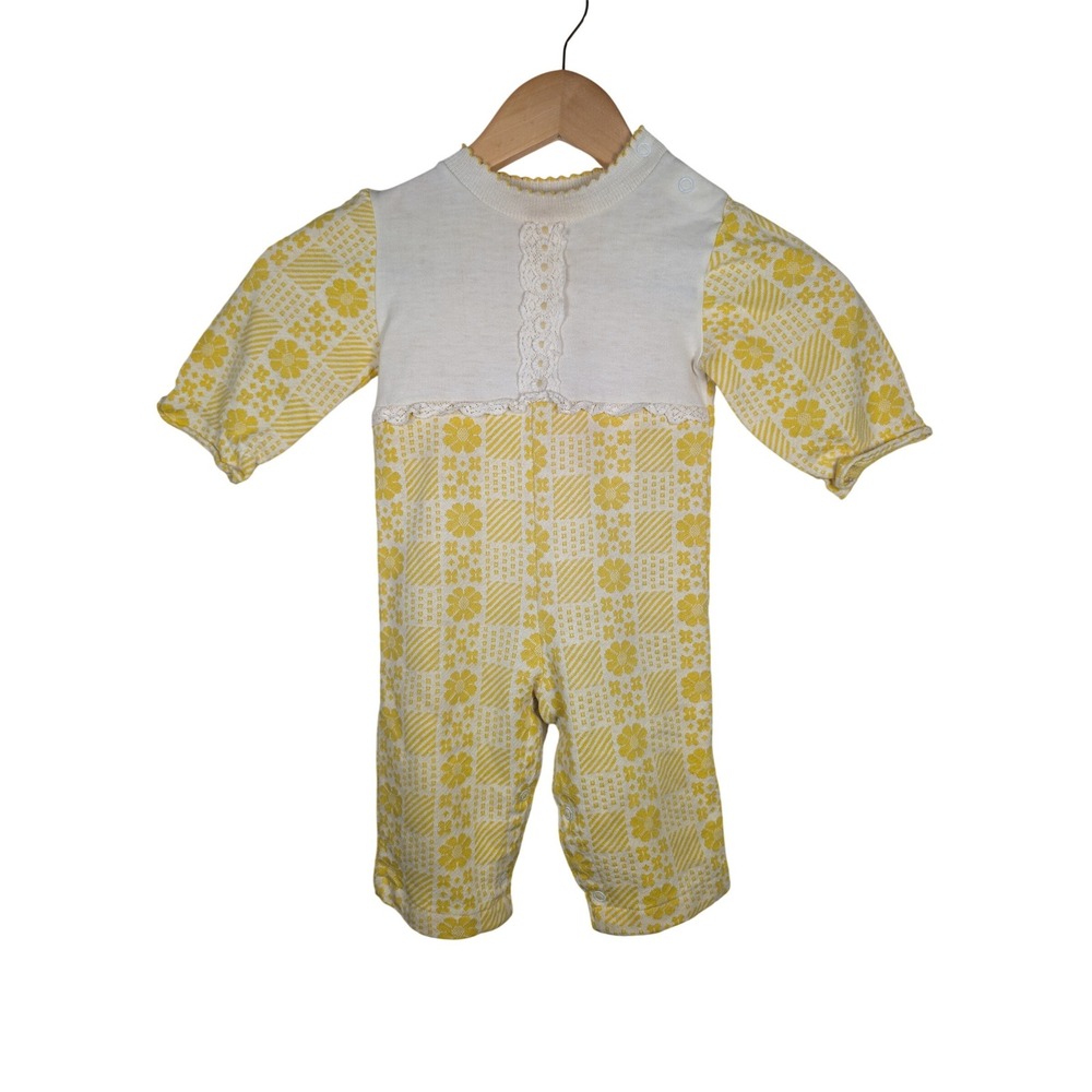 Vtg‎ Health-tex Yellow Floral Lace Trim Romper 18 Months Made in USA 70s Retro